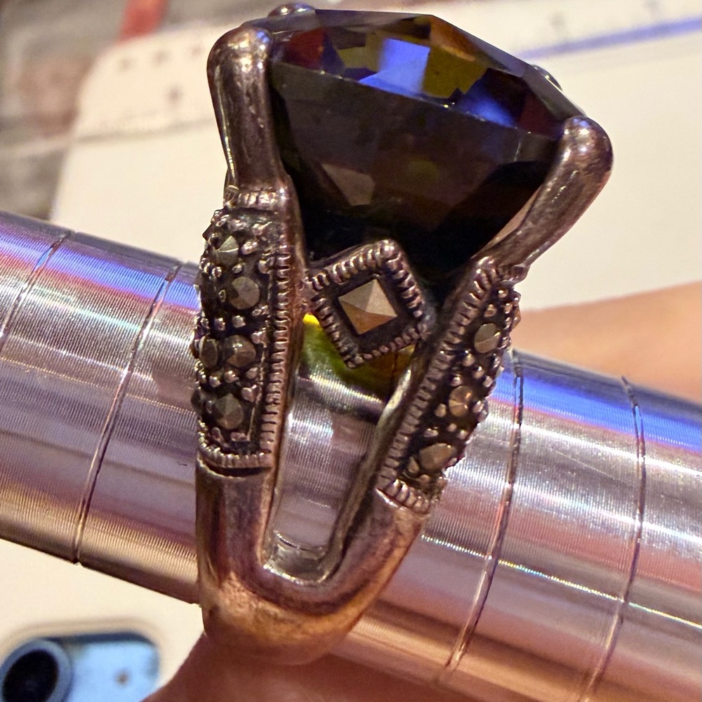 Sterling Silver Smoky Quartz Marcasite Statement Ring Art Deco Style - Picture 10 of 13